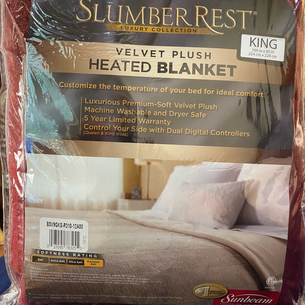 Sunbeam Velvet Plush Heated Blanket - King, Burgandy.